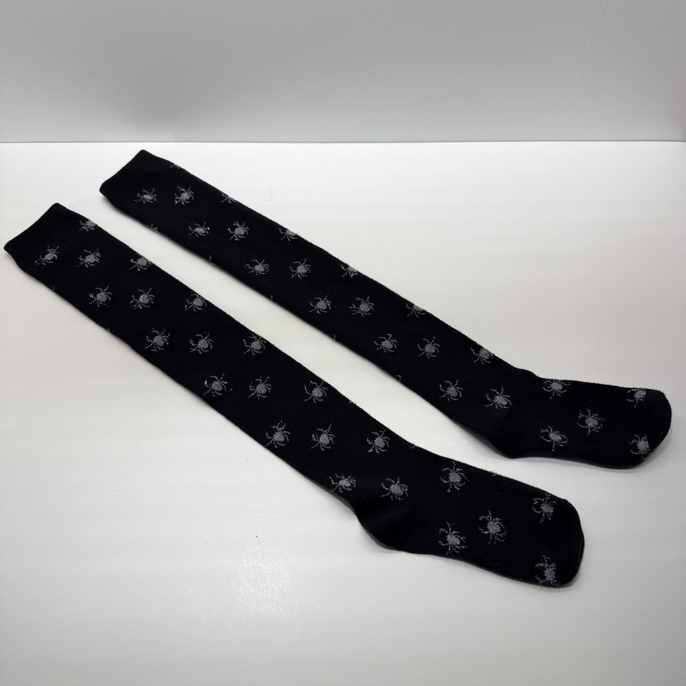 Halloween Knee High Spiders Black Socks Silver Metallic Spooky Costume One Size